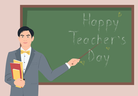 Young male teacher at blackboard. Happy Teacher's Day. Cute vector illustration in flat cartoon styleのイラスト素材