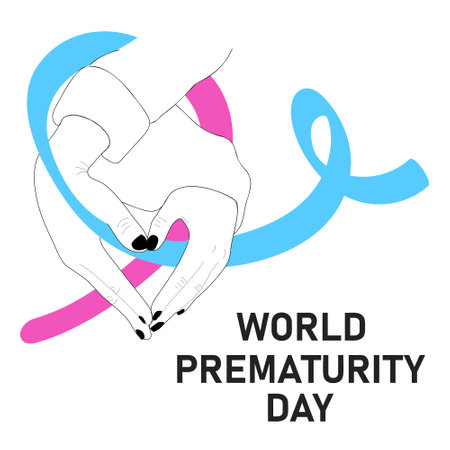 World Prematurity Day with Pink and Blue Ribbon. Vector cartoon illustration of hands with a heart shape holding a ribbon.のイラスト素材