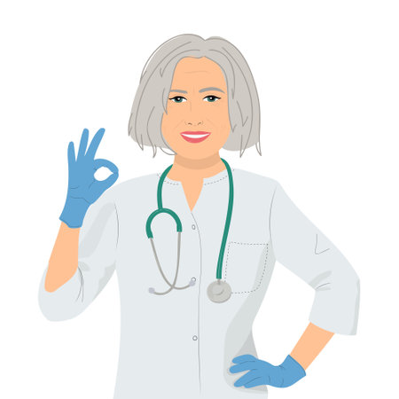Female doctor over 50. Woman in rubber gloves showing gesture ok. vector illustrationのイラスト素材