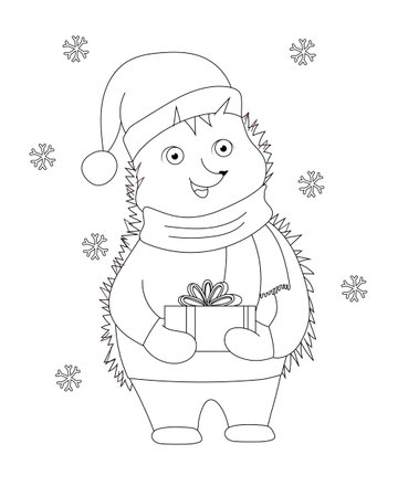 hedgehog gift. Coloring book for kids. Vector outline illustrationのイラスト素材