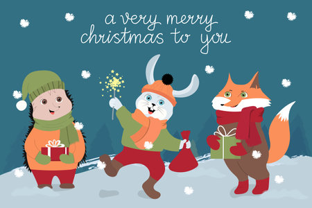 Cute baby animals with gifts. forest animals. Christmas greeting card.のイラスト素材