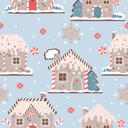 Gingerbread house pattern. Seamless pattern with Christmas gingerbread cookies. vector illustrationのイラスト素材