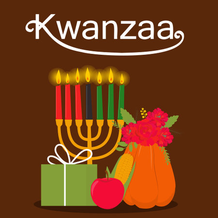Kwanzaa vector flat illustration on brown background with pumpkin, apple and giftbox. Greeting card for African-American holiday.のイラスト素材