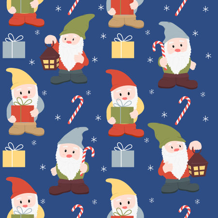 Seamless pattern with gnomes. Scandinavian christmas repeated background for wrapping paper, fabricのイラスト素材
