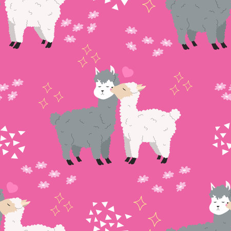 Valentines seamless pattern with alpacas. Cute Valentines day background, wallpaper, wrapping. vector invitation.のイラスト素材