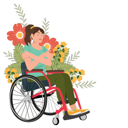 greeting card with woman in wheelchair. International Women's Day 2023. Body positive concept. vector illustrationのイラスト素材