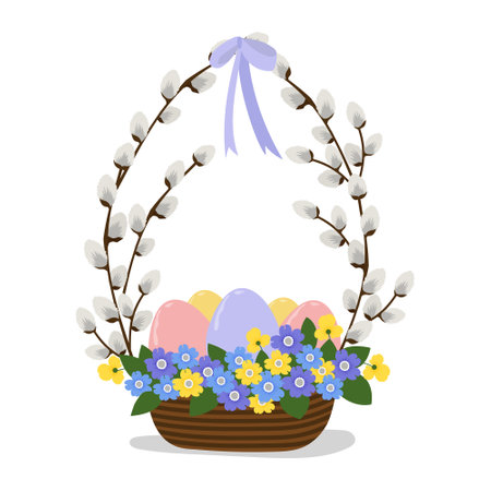 Easter basket with pussy willow. Vector illustration for greeting card, poster, bannerのイラスト素材