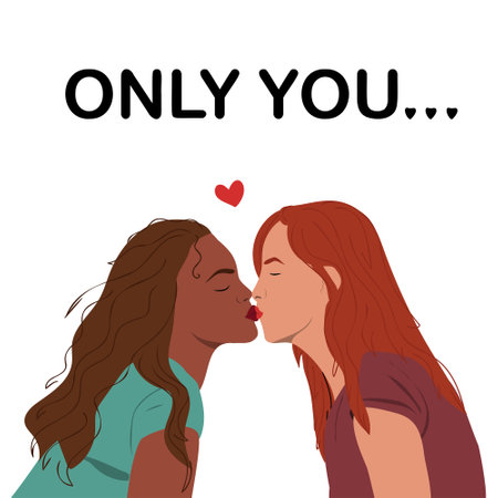 Lesbian women kissing. Interracial kiss. Concept of cute romantic greeting cards, invitations, poster design template. Only you..のイラスト素材