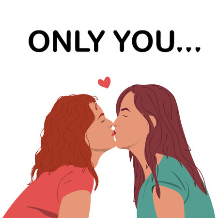 Couple gay women kissing. Lesbian kiss. Concept of cute romantic greeting cards, invitations, poster design template. Only you..のイラスト素材