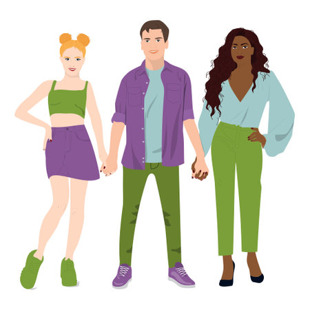 Three polyamorous people of various ethnicity. people holding hands. Polygamy and open relationship conceptのイラスト素材