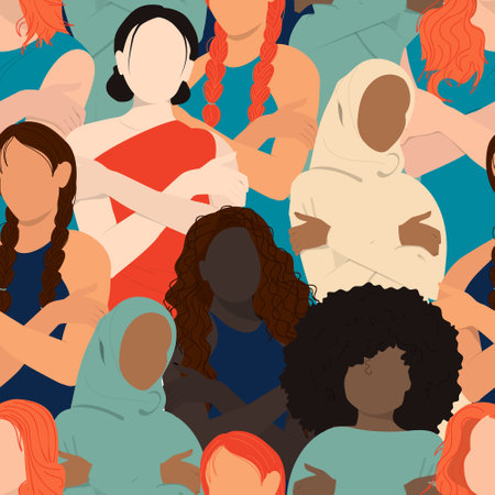 International Women's Day 2023 background. Embrace Equity. Seamless pattern with different womensのイラスト素材