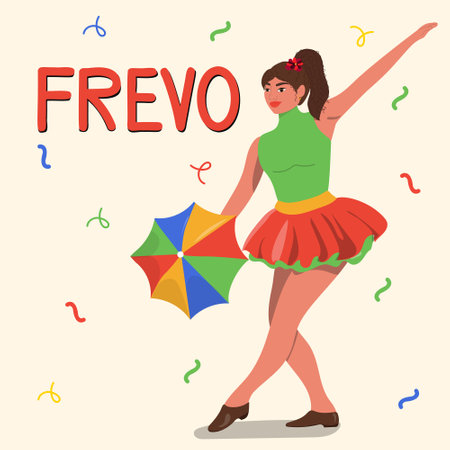 Girl dancing with umbrella. Hand drawn flat design frevo illustrationのイラスト素材