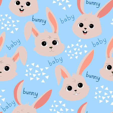 Baby bunny seamless pattern. Cute rabbits on a blue background. vector illustration for childrenのイラスト素材