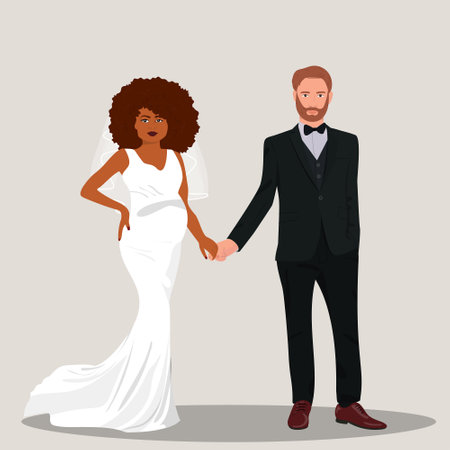 <p>Interracial wedding pregnant couple. Template for wedding invitation. vector illustration.</p>のイラスト素材