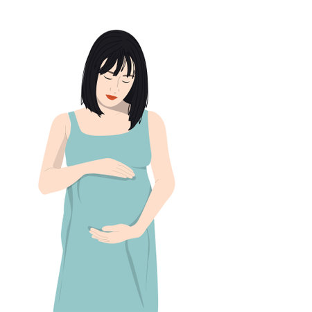 Sad pregnant asian woman. Modern banner about pregnancy and motherhood.のイラスト素材