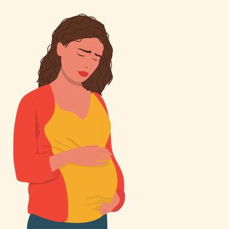 <p>Pregnant sad woman. Beautiful happy mother to be. modern flat vector illustration</p>のイラスト素材