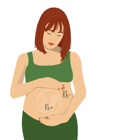 Sad pregnant woman with baby inside belly. Rh factor and Rh conflict concept. vector illustrationのイラスト素材