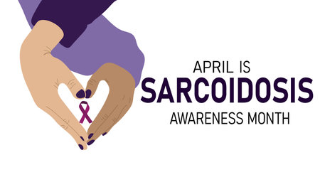 April is Sarcodiosis Month. Hands making heart shape holding awareness ribbonのイラスト素材