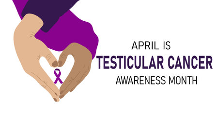 April is Testicular Cancer Month. Hands making heart shape holding awareness ribbonのイラスト素材