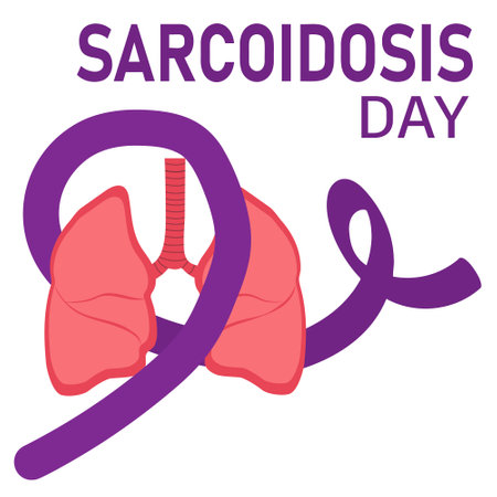 Sarcoidosis Day. Vector cartoon illustration of lungs and purple ribbon.のイラスト素材