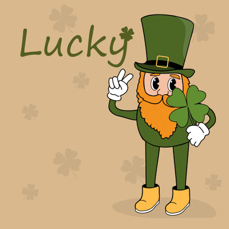 St. Patrick's Day greeting card with leprechaun. Lucky concept. Cartoon retro character with clover.のイラスト素材