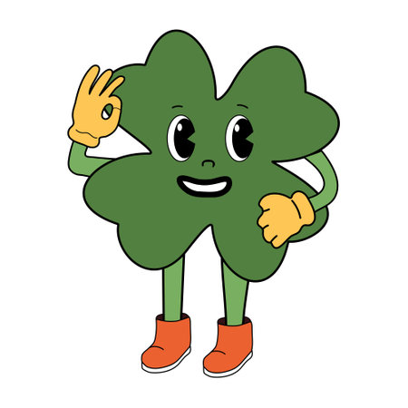 Clover retro cartoon style. Four leaf clover in retro style. Lucky concept. st patricks day vector.のイラスト素材
