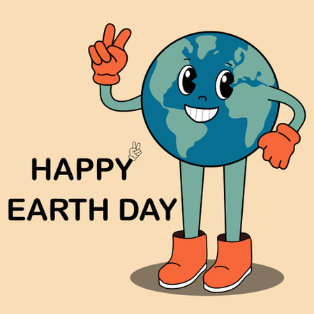 Happy Earth Day card in retro style. Planet mascot showing peace gesture. vector cartoon character.のイラスト素材