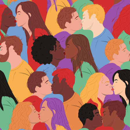 Seamless pattern of kissing gay couples. Background for LGBTQIA pride month. Interracial group of people in rainbow clothes.のイラスト素材
