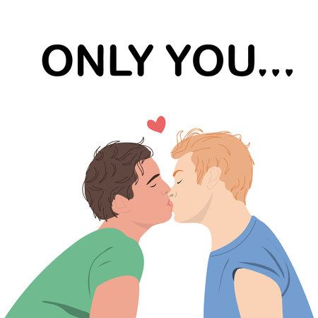 Gay couple kissing. Men in love kiss. Concept of cute romantic greeting cards, invitations, poster design template. Only you..のイラスト素材