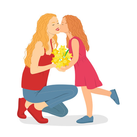 Daughter kissing her mother. Happy Mother's Day. child giving flowersのイラスト素材
