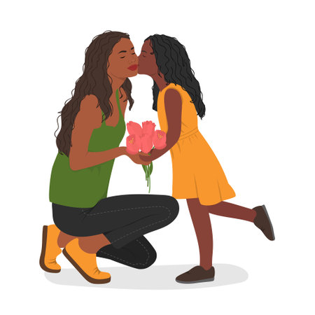 Child gives mother a bouquet of tulips.Happy Mother's Day. Daughter kissing her motherのイラスト素材