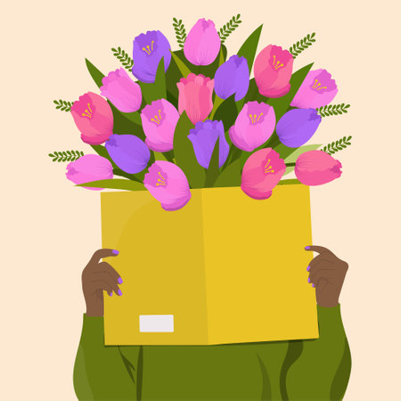 Book with a flowers in the hands of a woman on a green sweater background. front view. book lover concept. vector illustrationのイラスト素材