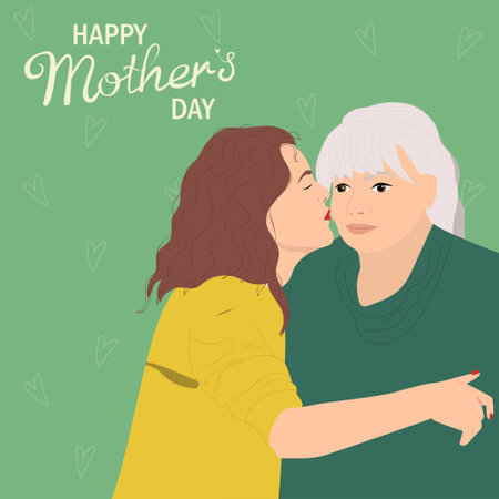 Adult daughter kissing her mother. Happy Mother's Day card. vector illustration. Daughter's love conceptのイラスト素材