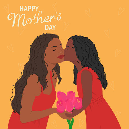 mothers day greeting card. Daughter kissing mother. Child giving flowersのイラスト素材