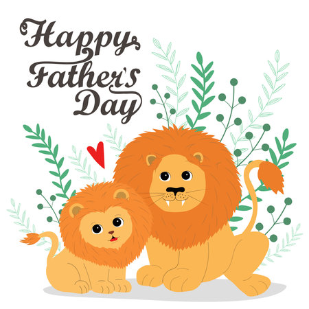 Father's day card with lion. Baby leo with dad. vector illustrationのイラスト素材