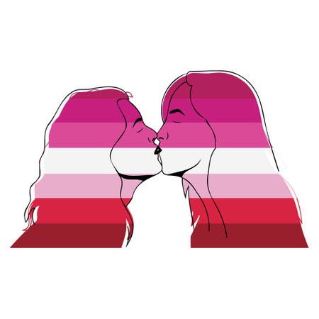two girls kissing. Pride month concept. Silhouette in lesbian pride flag colors isolated on white background.のイラスト素材