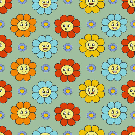 Cute retro trendy cartoon character flower seamless pattern. Smiling daisy.のイラスト素材