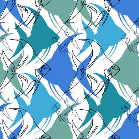 Seamless pattern with angelfish. Vector fishes doodles seamless pattern cute hand drawn illustrationのイラスト素材
