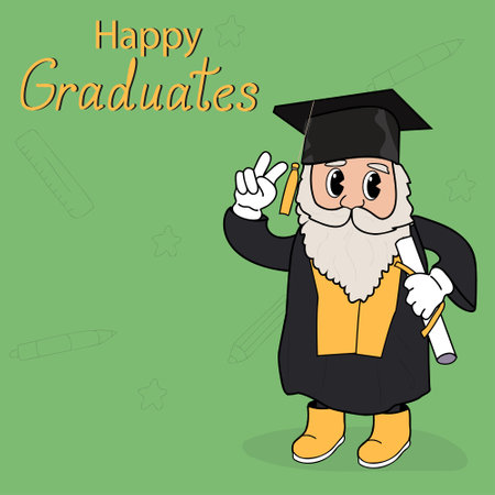 Cool card graduation with dwarf in mantle and academic hat. Cartoon gnome in retro style holding diplomaのイラスト素材