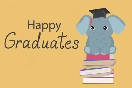 greeting card of graduation. Elephant sitting on stack of booksのイラスト素材