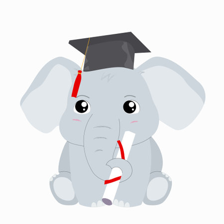 Cute baby elephant holding diploma. Elephant calf in academic hat isolated on white backgroundのイラスト素材