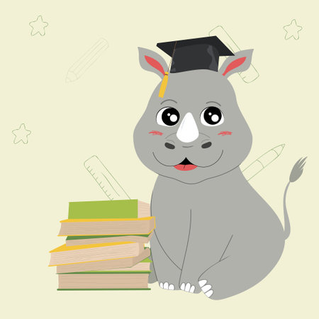 Craduation card with rhino. Pile of books. vector illustrationのイラスト素材