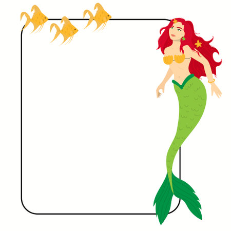 Cartoon mermaid with border. Cute child illustration. Scrapbook design concept. Insert your picture.のイラスト素材