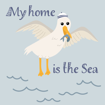 My home is the Sea. Cute childish vector illustration with seagull.のイラスト素材