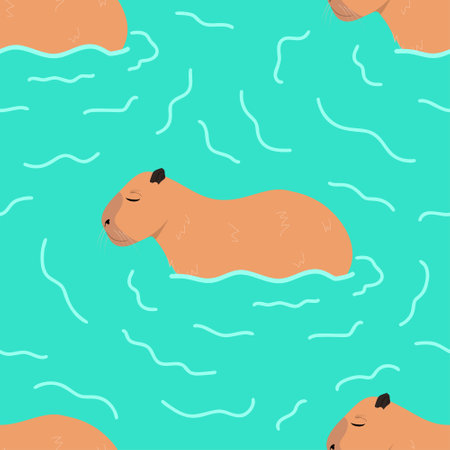 Cartoon Capybara seamless pattern. Capybara character in water cute vector illustrationのイラスト素材