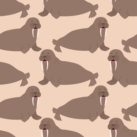 Seamless pattern with cute walrus. Baby oceanic doodle for fabric textile, wallpaper, wrapping, cover. vector illustrationのイラスト素材