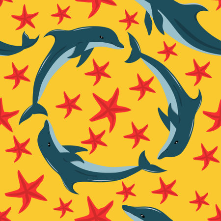 Seamless pattern with dolphins on yellow background. Vector illustration for fabric textile, wallpaper, wrapping, cover. vector illustrationのイラスト素材