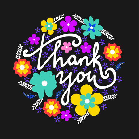 Bright groovy Thank you card. Vector flowers composition on black background.のイラスト素材