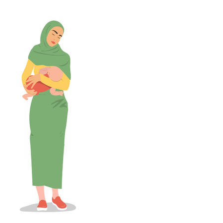 Woman in a hijab breastfeeds a baby. cartoon vector illustration. breastfeeding conceptのイラスト素材