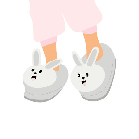 Kids feet in cute rabbit slippers. Comfortable home shoes, cozy children's footwearのイラスト素材